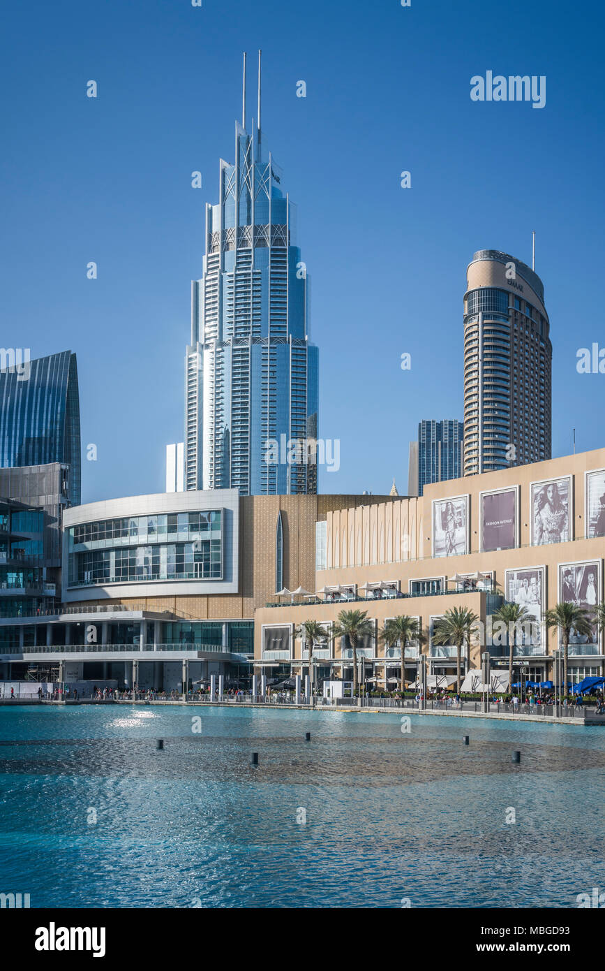 The Dubai Mall and The Address Boulevard Hotel in downtown Dubai, UAE, Middle East. Stock Photo