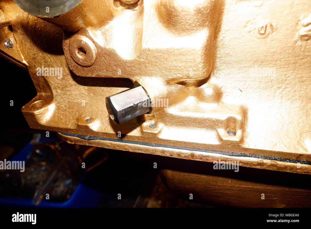 TRIUMPH SPITFIRE MK IV ENGINE, 1296CC, OIL PRESSURE VALVE Stock Photo