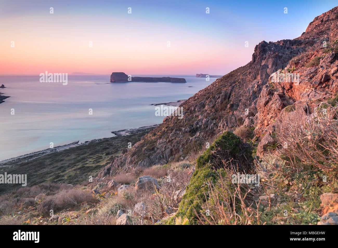 Sunset over Balos beach in Crete, Greece. Stock Photo