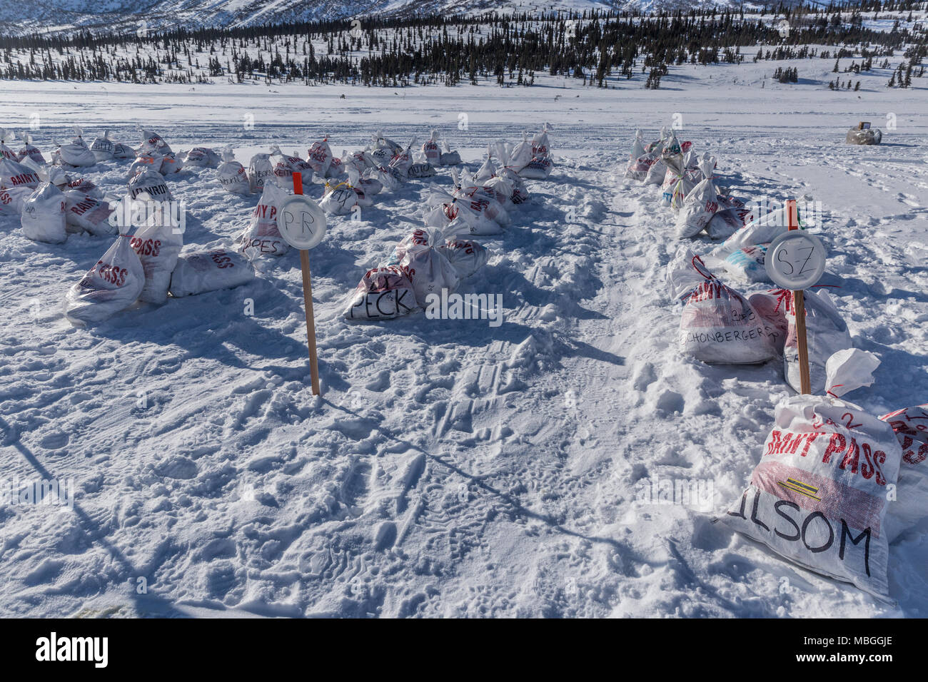 Supplies for dog sled teams at Rainy Pass checkpoint Stock Photo