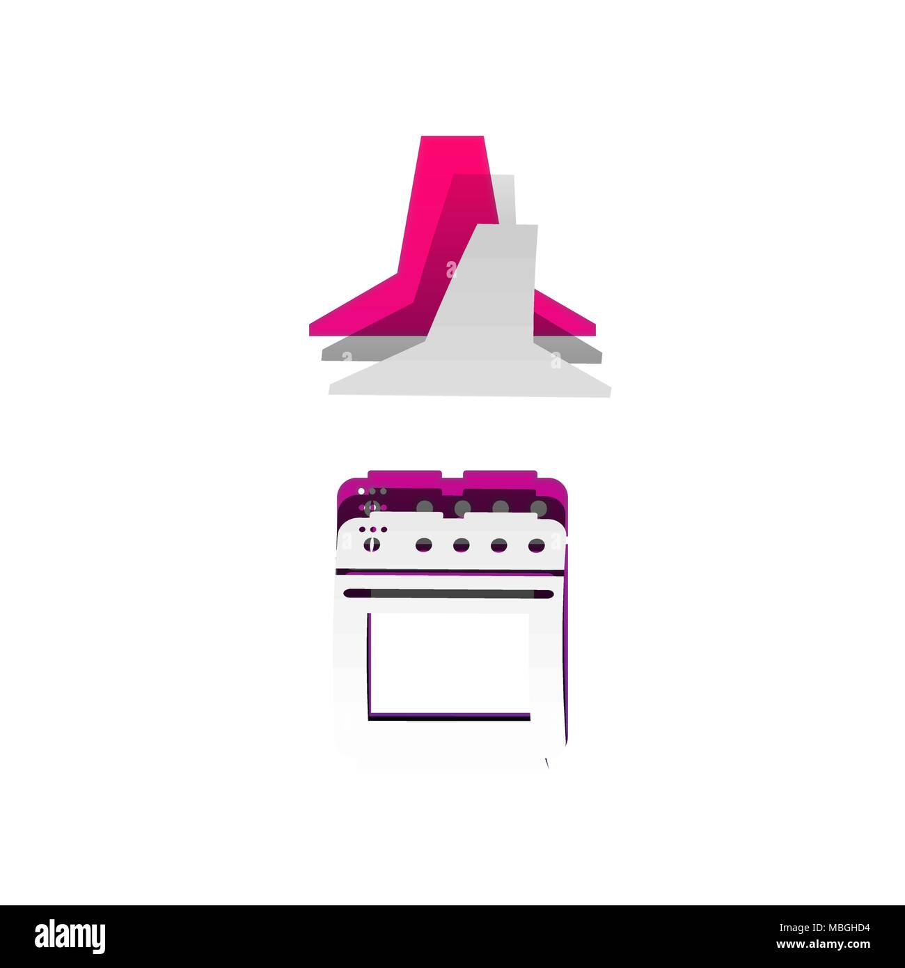 Electric or gas stove and extractor kitchen hood sign. Vector. Detachable paper with shadow at underlying layer with magenta-violet background. Stock Vector