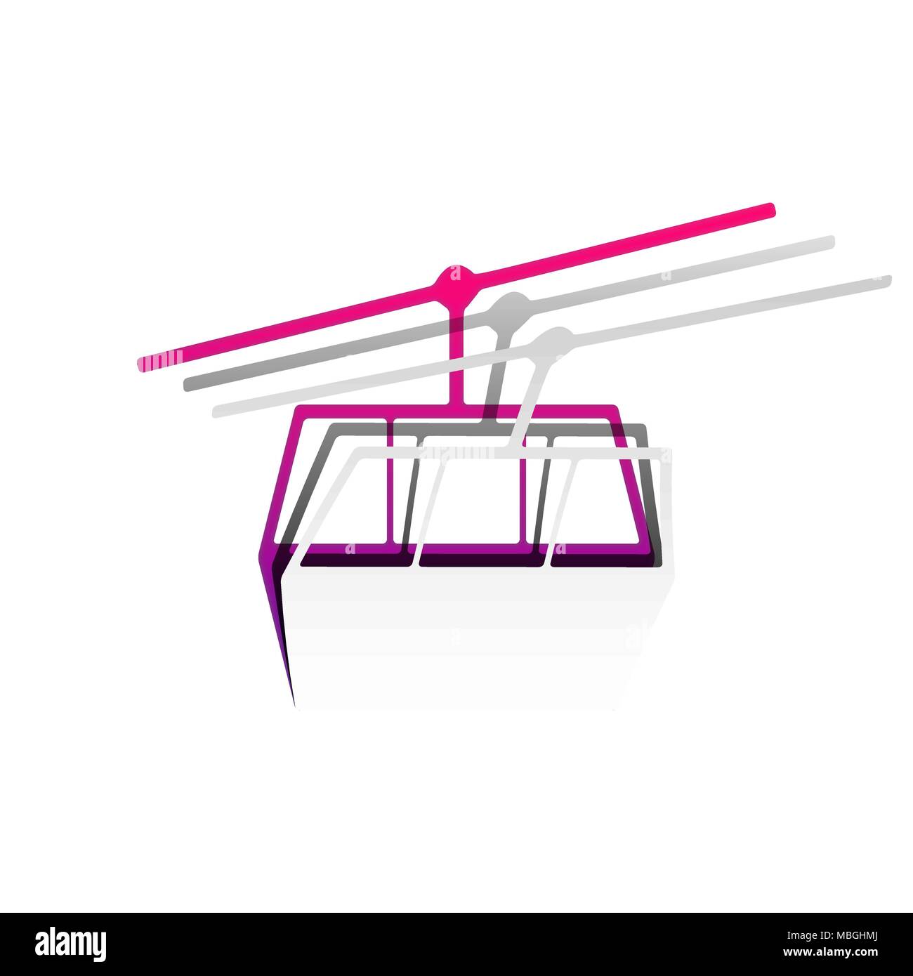 Funicular, Cable car sign. Vector. Detachable paper with shadow at underlying layer with magenta-violet background. Stock Vector