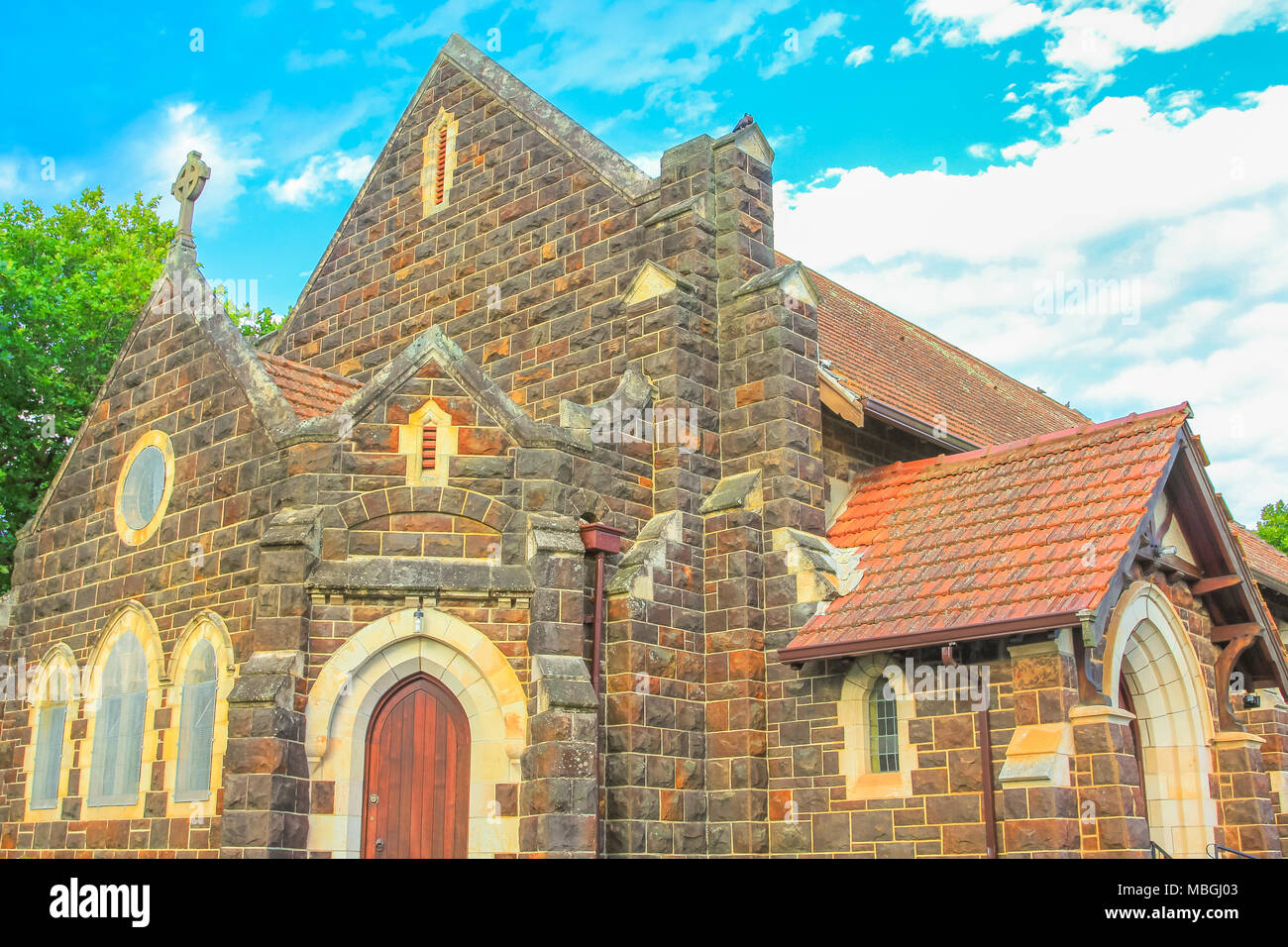 Facade of historic St. Georges Anglican Church in Knysna on the Garden Route in Western Cape, South Africa. The old Church as built in 1855. Stock Photo