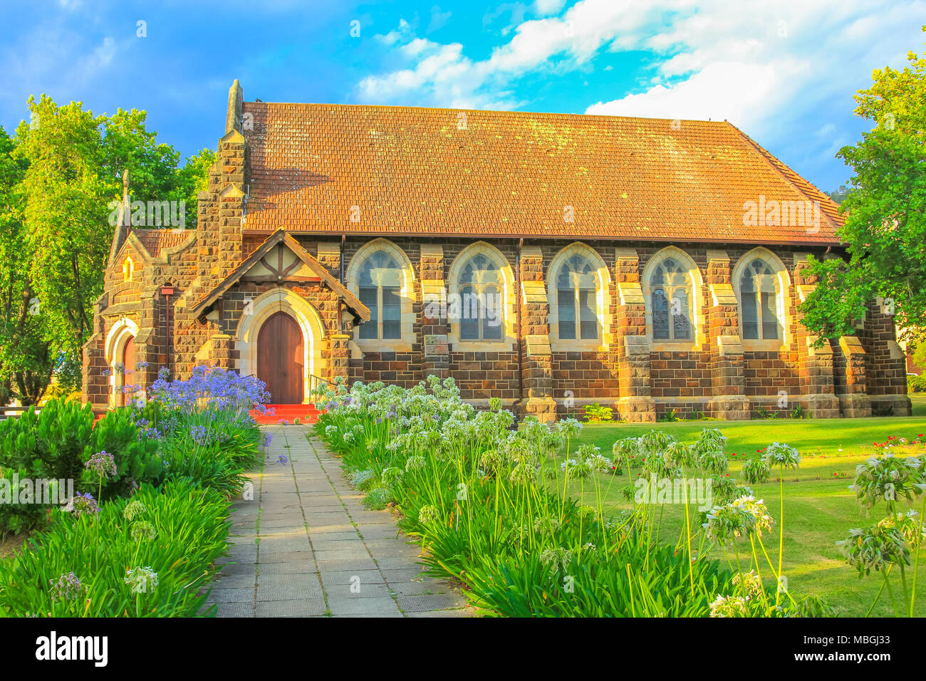 St. Georges Anglican Church and flowered garden in Knysna, city on the Garden Route in Western Cape, South Africa. The historic Church as built in 1855. Sunset shot. Side view. Stock Photo