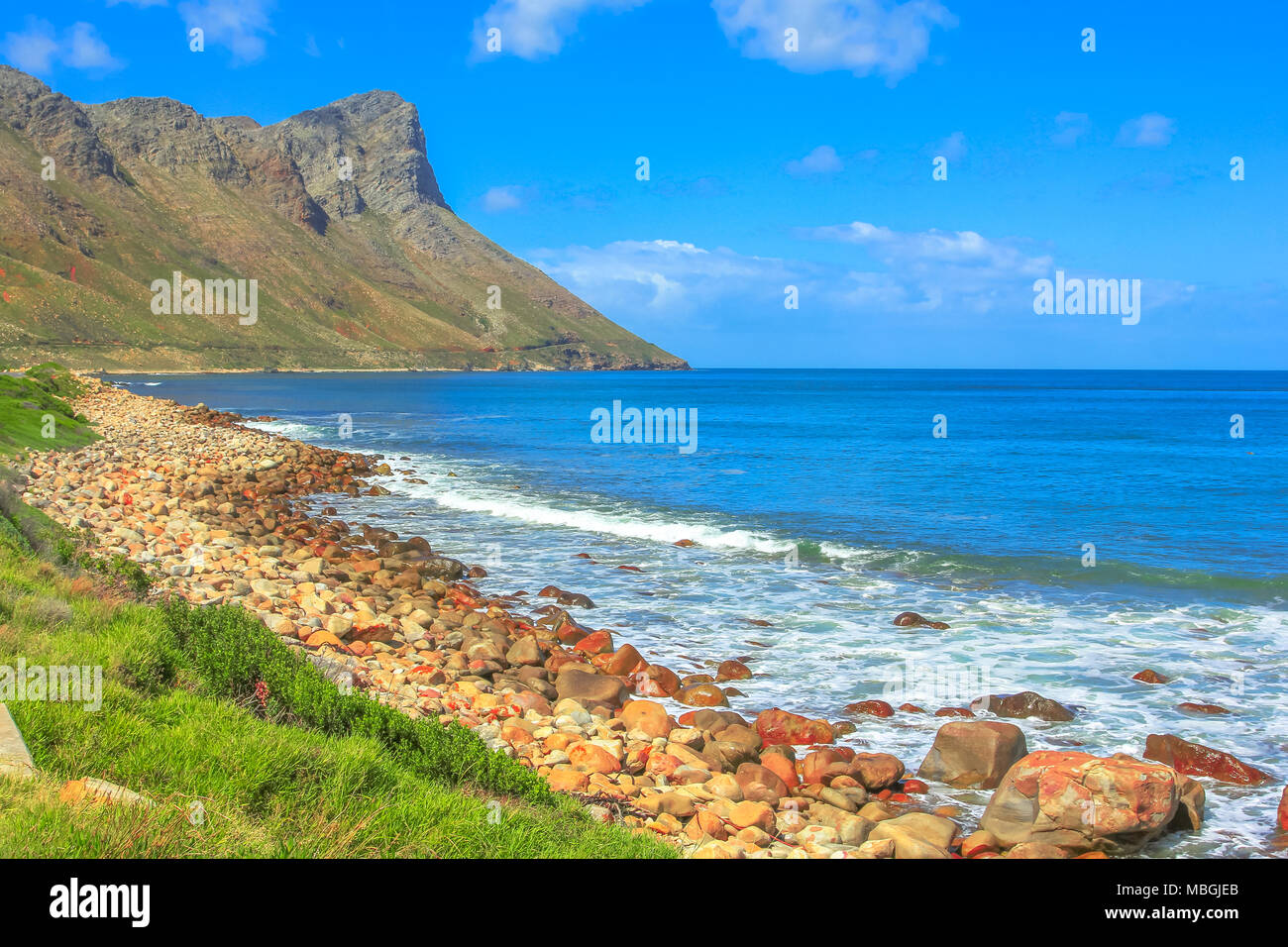 Scenic Clarence Drive on False Bay in Western Cape, South Africa. Pringle Bay lies within the Kogelberg Biosphere Reserve and is popular holiday destination from Cape Town. Stock Photo