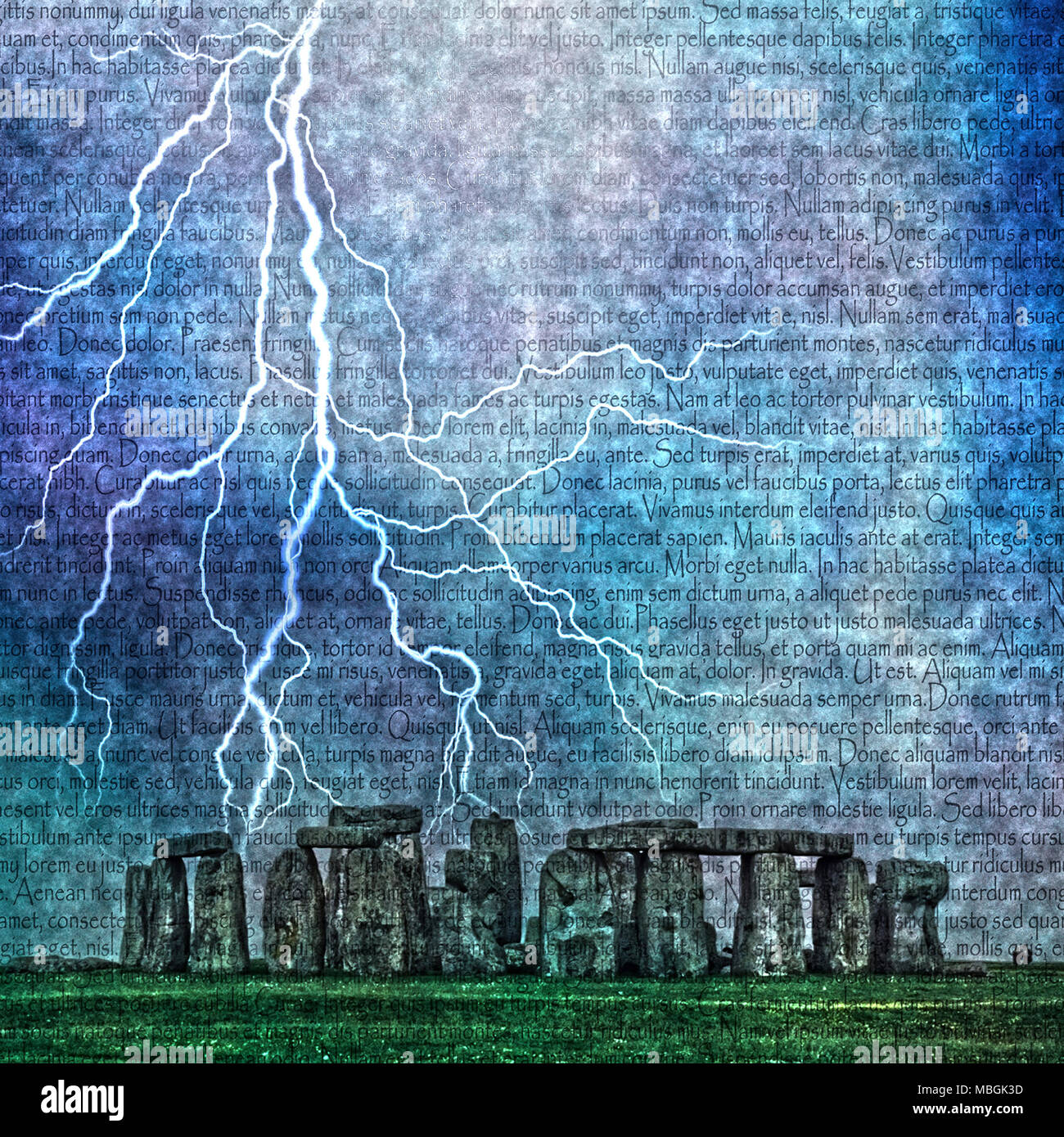 Stonehenge. Lightning and latin text Stock Photo Alamy