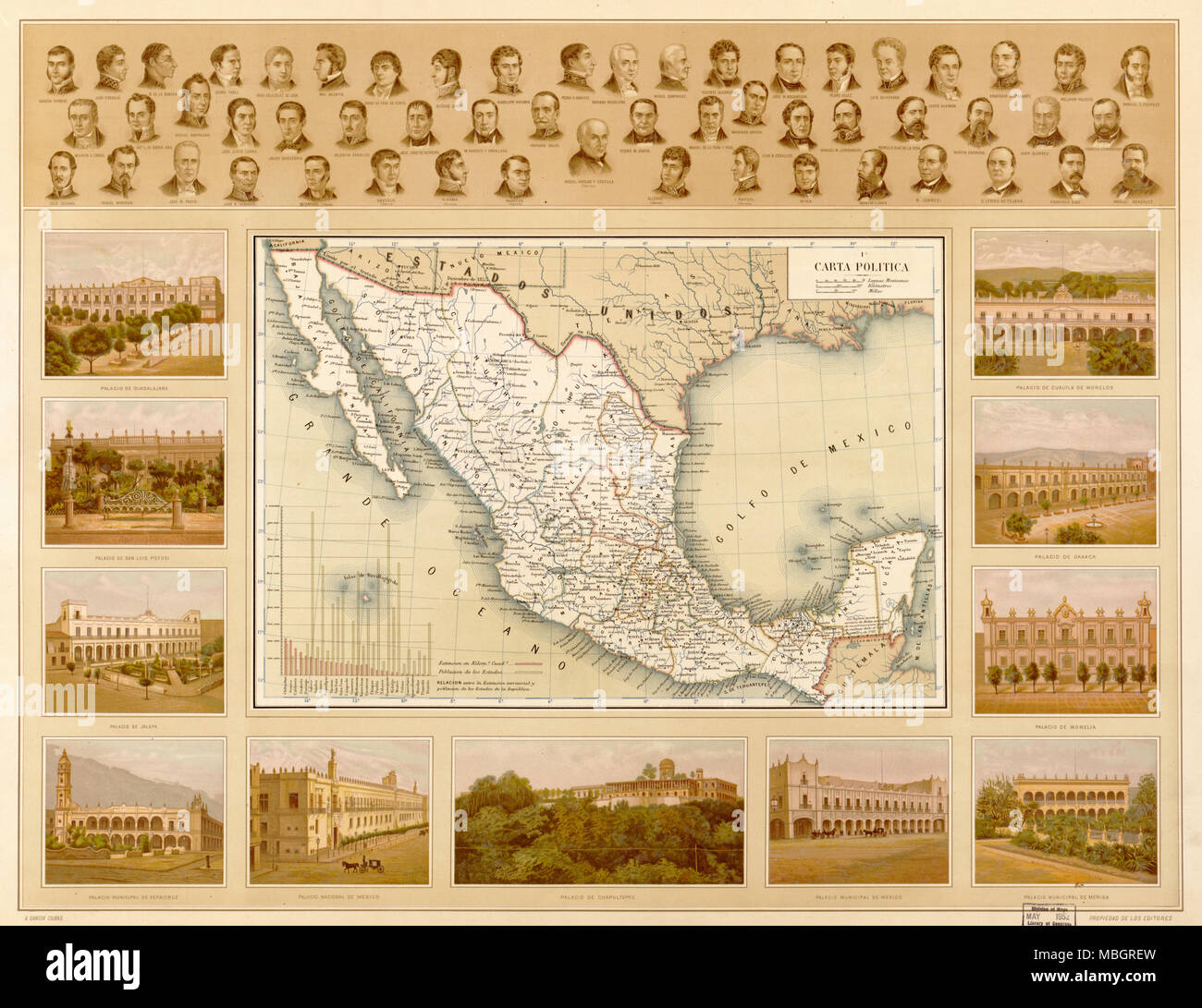 Political Map of Mexico - 1885 Stock Photo