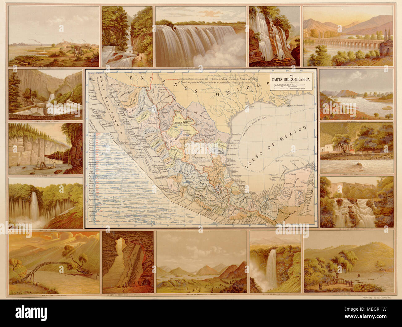Hydrographic Map of Mexico - 1885 Stock Photo