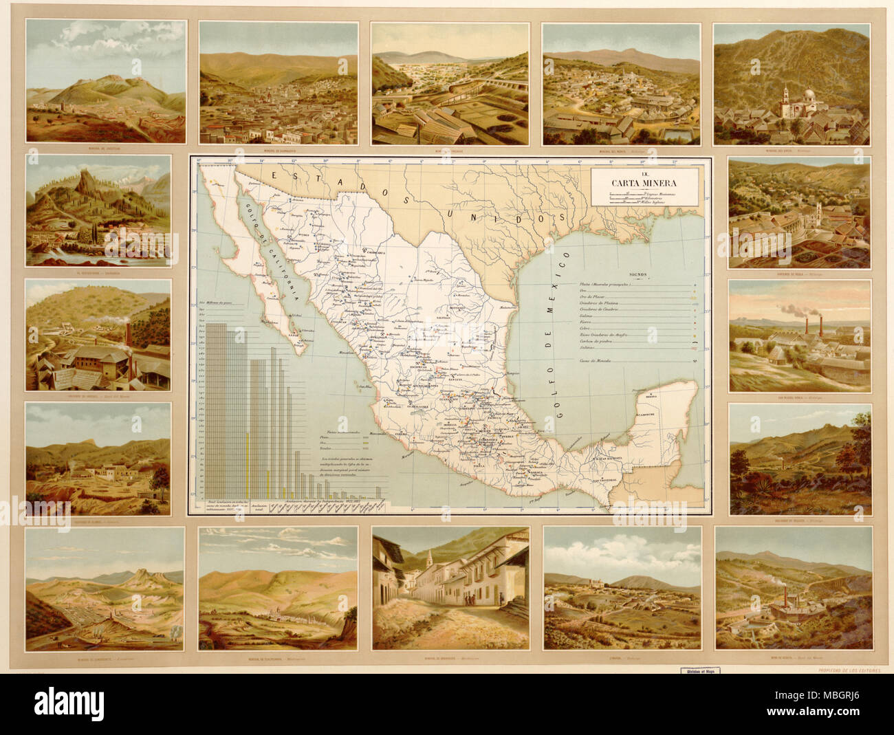 Mineral Map of Mexico - 1885 Stock Photo