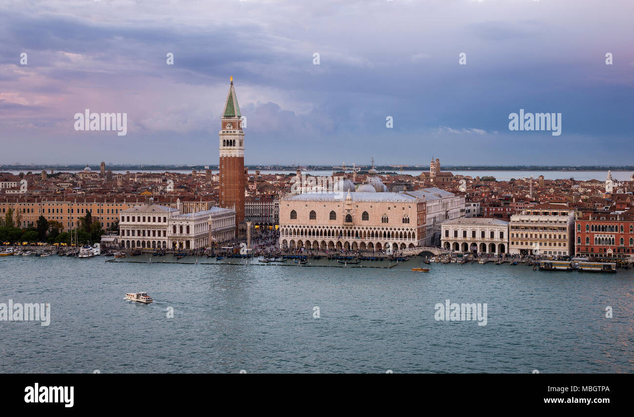 The view of St Mark's Campanile and the Piazza San Marco from on top of the Church of San Giorgio Maggiore in Venice, Italy. Stock Photo