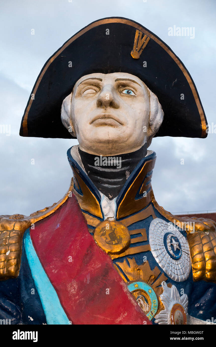 Figurehead from HMS Trafalgar, depicting Admiral Lord Horatio Nelson with his blind eye. Portsmouth Historic Dockyard / Dockyards UK. (95) Stock Photo