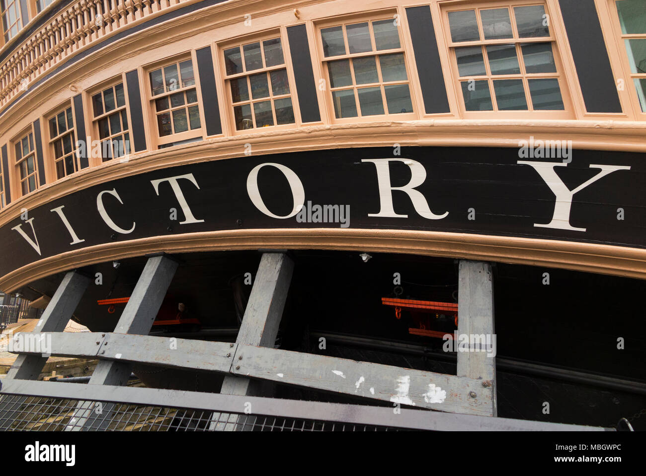 Name & windows at back / aft (stern galleries / gallery) of Admiral Lord Nelson 's flagship HMS Victory. Portsmouth Historic Dockyard / Dockyards UK Stock Photo