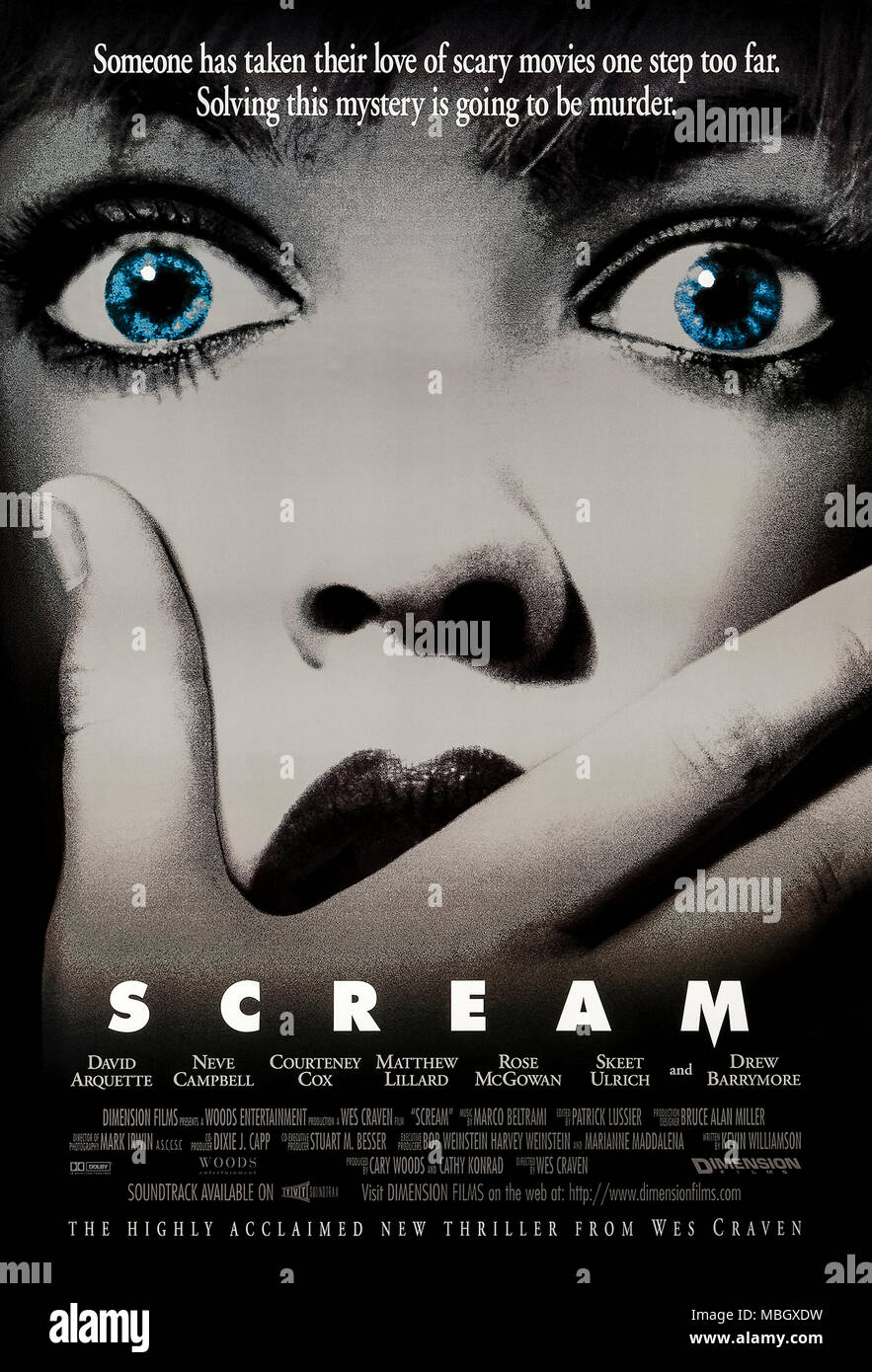 Scream (1996) directed by Wes Craven and starring Neve Campbell, Courteney Cox and David Arquette. A serial killer terrorizes a teenager and her friends using memorable stereotypes from past horror films. What’s your favorite scary movie? Stock Photo