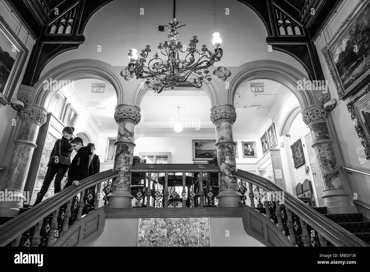 The Grand Staircase inside Cliffe Castle Museum, Keighley, Bradford, Yorkshire, United Kingdom. Stock Photo