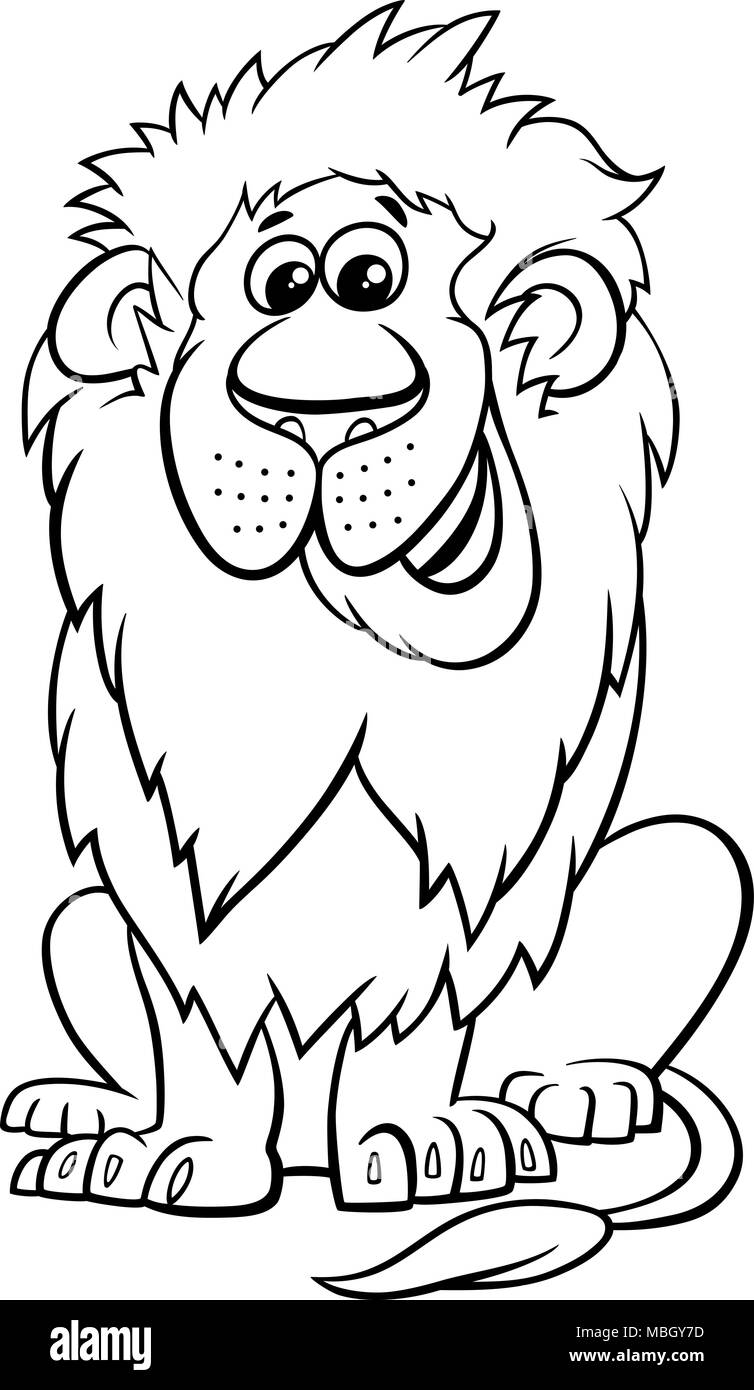Black and White Cartoon Illustration of Lion Wild Cat Animal Character