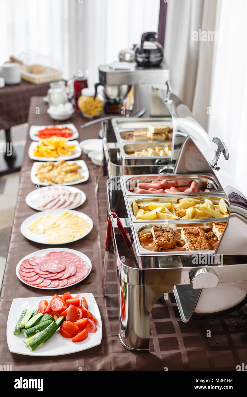 Buffet trays heated ready for service. Breakfast in hotel