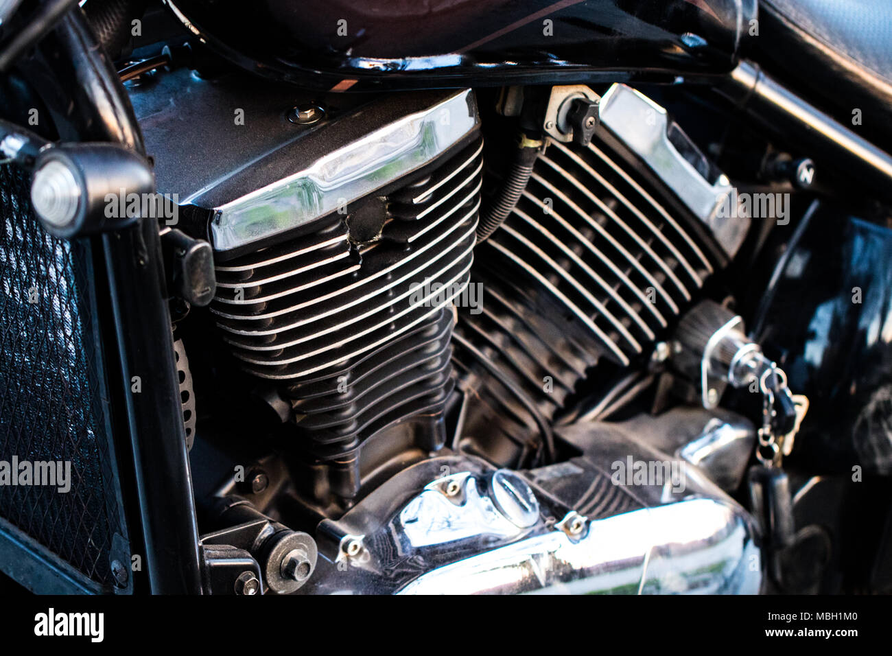 Motor bike detail Engine block, Metal parts of motorcycle Stock Photo