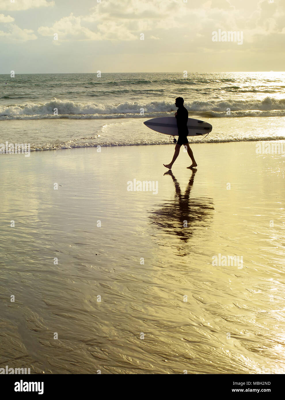 Surfer with surfboard walk on the tropical beach. Bali island