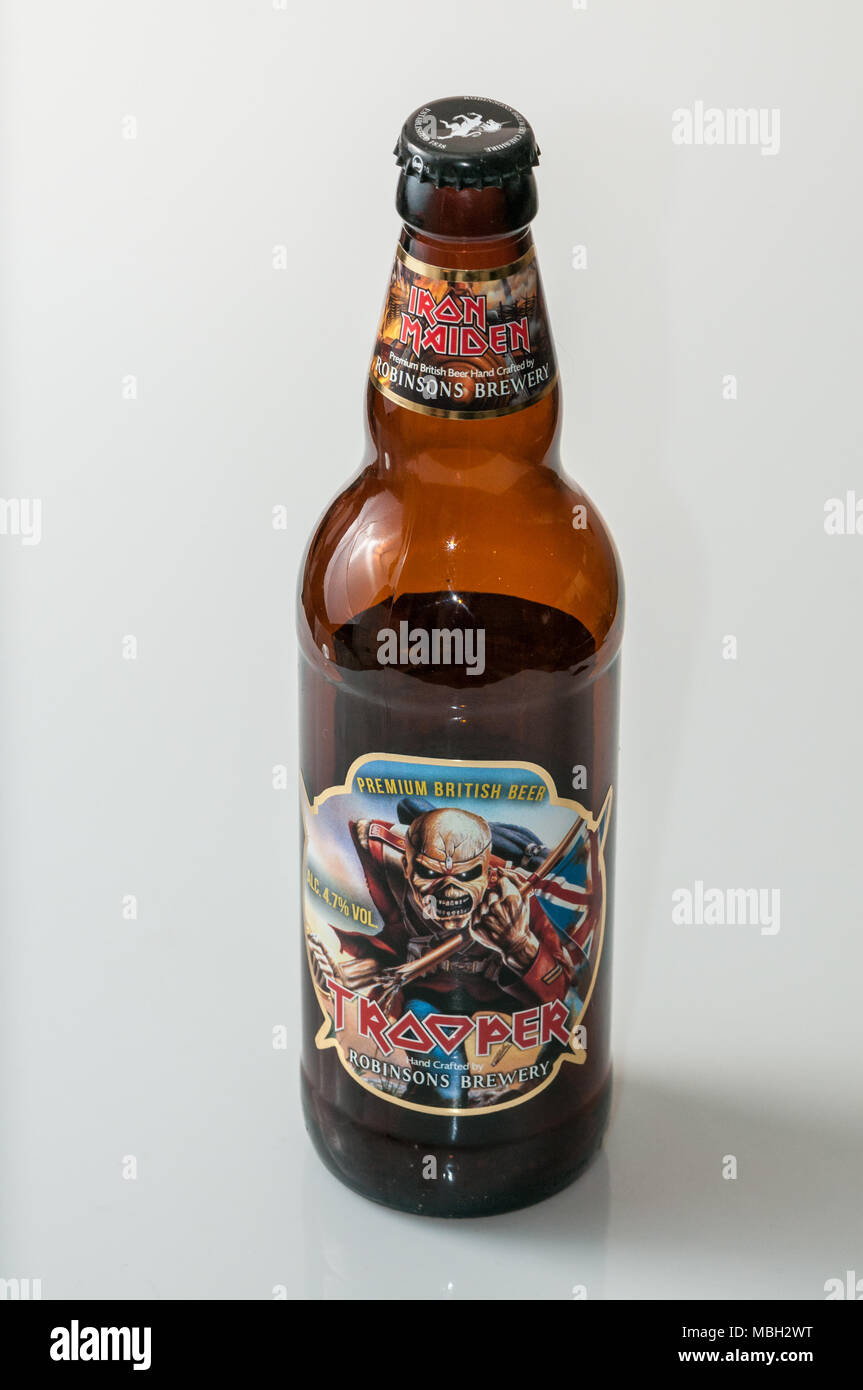 beer glass bottle, premium british beer, trooper, robinsons brewery Stock Photo