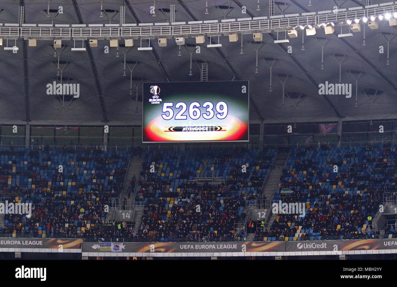 KYIV, UKRAINE - MARCH 15, 2018: Scoreboard of NSK Olimpiyskyi stadium in Kyiv with attendance of the UEFA Europa League game FC Dynamo Kyiv v Lazio. T Stock Photo