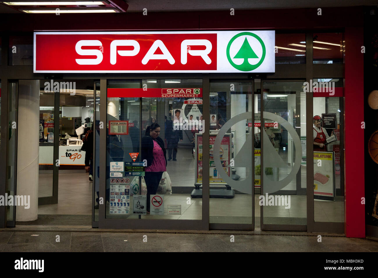 BUDAPEST, HUNGARY - APRIL 6, 2018: Spar logo on one of their Supermarkets. Spar is a Dutch franchise of retailers and wholesalers, operating worldwide Stock Photo