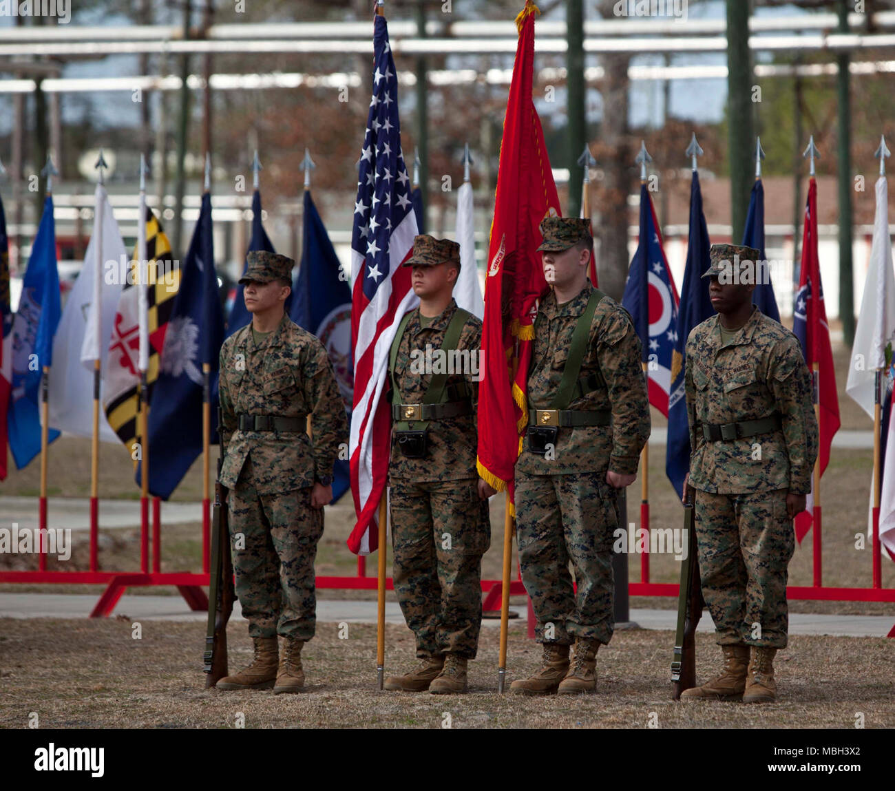 U.S. Marines assigned to Headquarters and Service Company Marine Corps Combat Service Support Schools serve as the color guard during the Field Medical Training Battalion-East (FMTB-E) change of command ceremony at Camp Johnson, N.C., Jan. 9, 2018. The change of command ceremony is a time-honered tradition in which one commander reliquishes command to another. Stock Photo