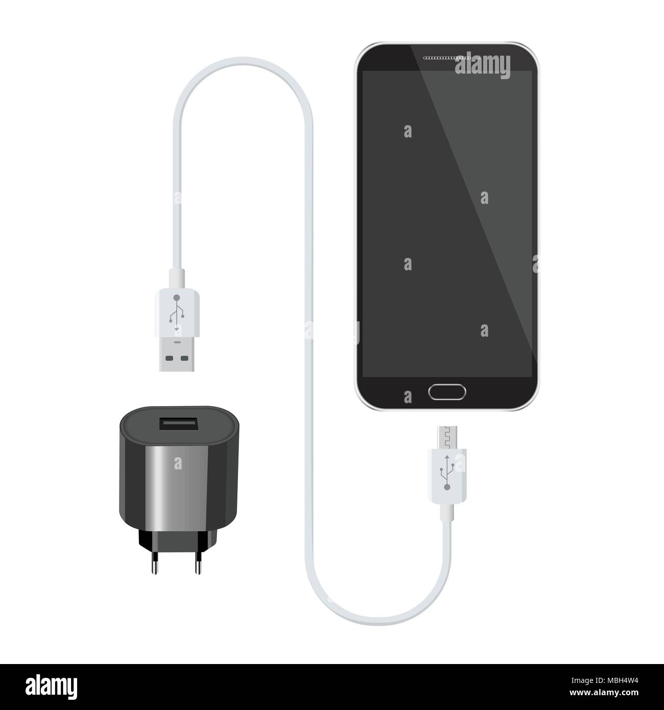 Black smartphone with usb charger. Vector illustration Stock Vector