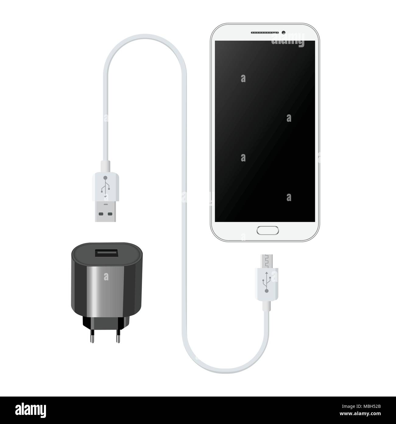 White smartphone with usb charger. Vector illustration Stock Vector