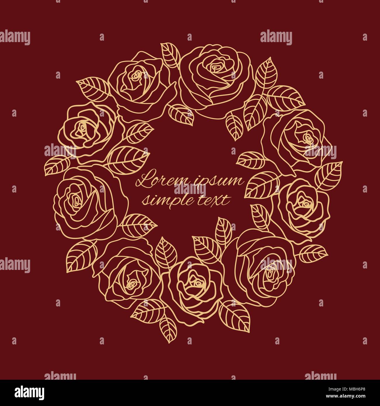 Vector burgundy beige wedding invitation with outline roses wreath and place for text. Floral design for greeting card Stock Vector