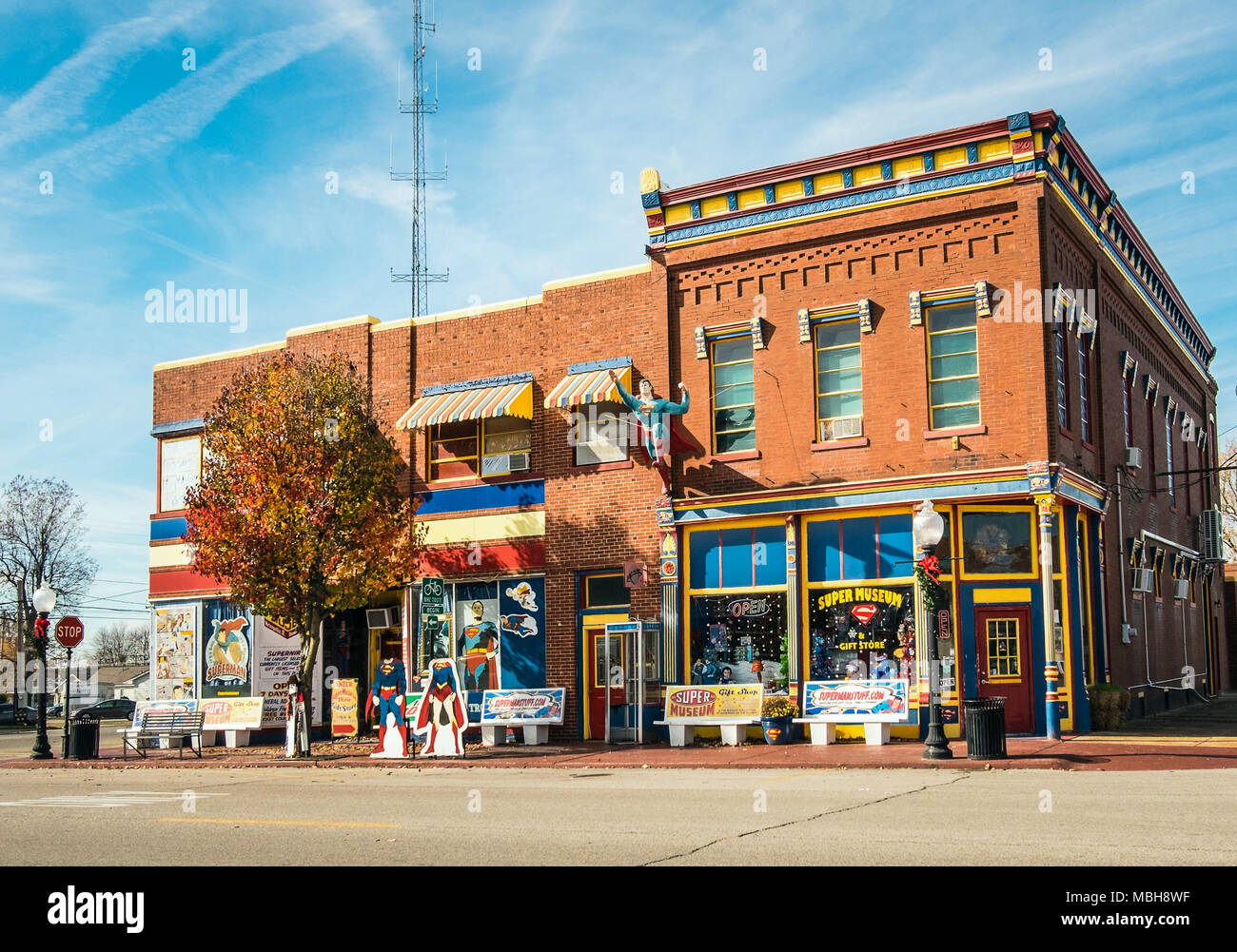 Metropolis, IL, USA - Nov, 2017: Downtown of Metropolis, Illinois with red brick building with Super Museum and a giftshop. Stock Photo