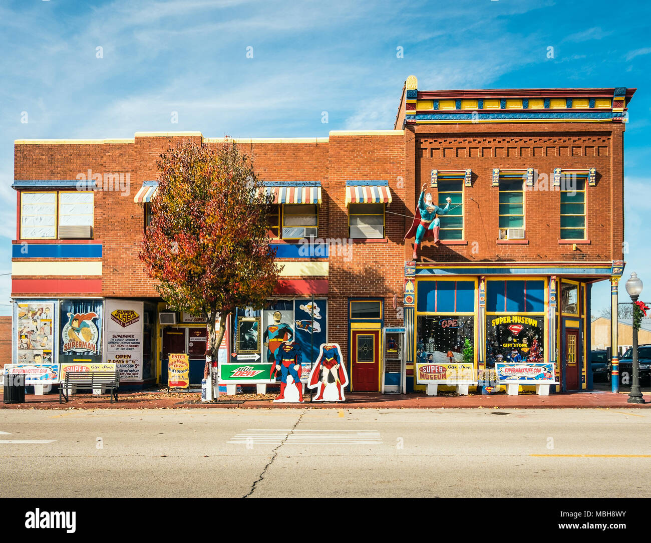 Metropolis, IL, USA - Nov, 2017: Downtown of Metropolis, Illinois with red brick building with Super Museum and a gift shop. Stock Photo