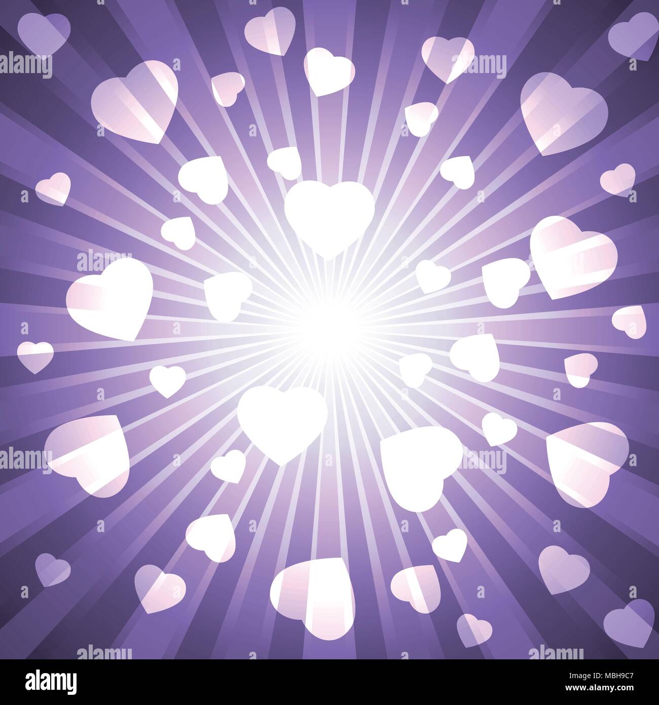 Ultra violet purple burst with many white hearts for abstract vector design background concept Stock Vector