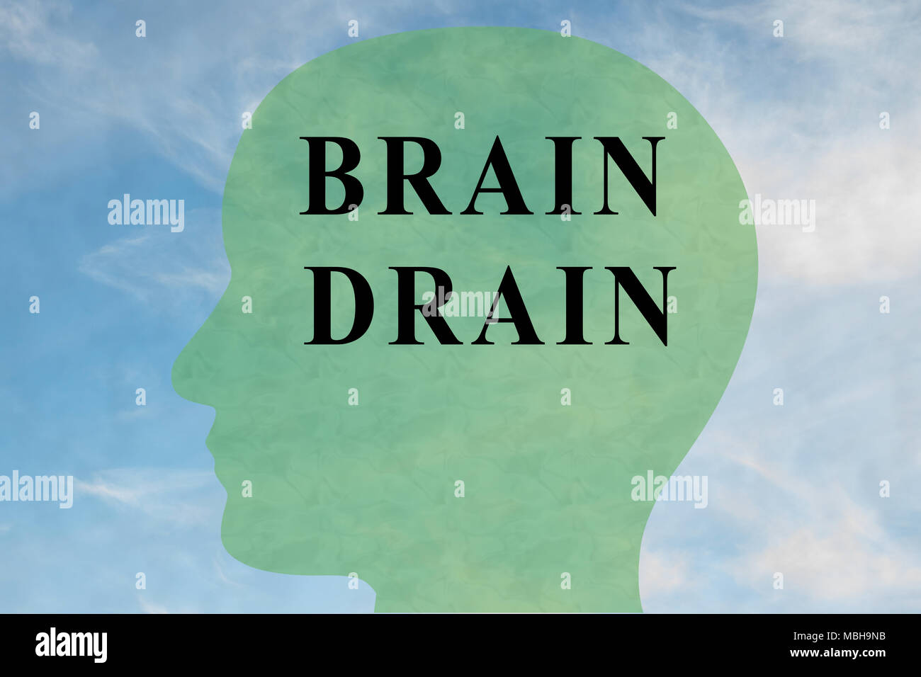 Render illustration of BRAIN DRAIN title on head silhouette, with