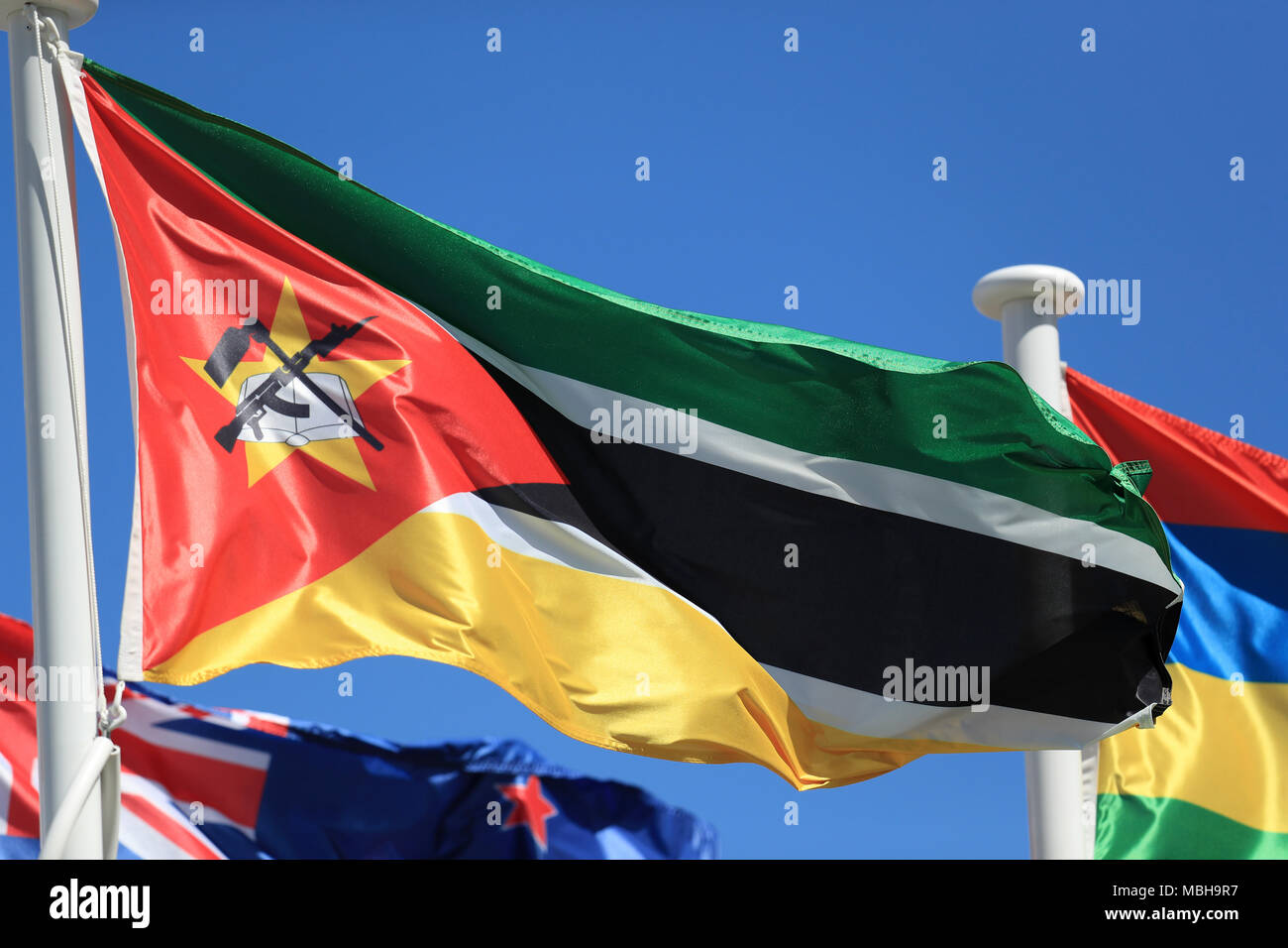 The flag of Mozambique on a pole at the Commonwealth Games Stock Photo
