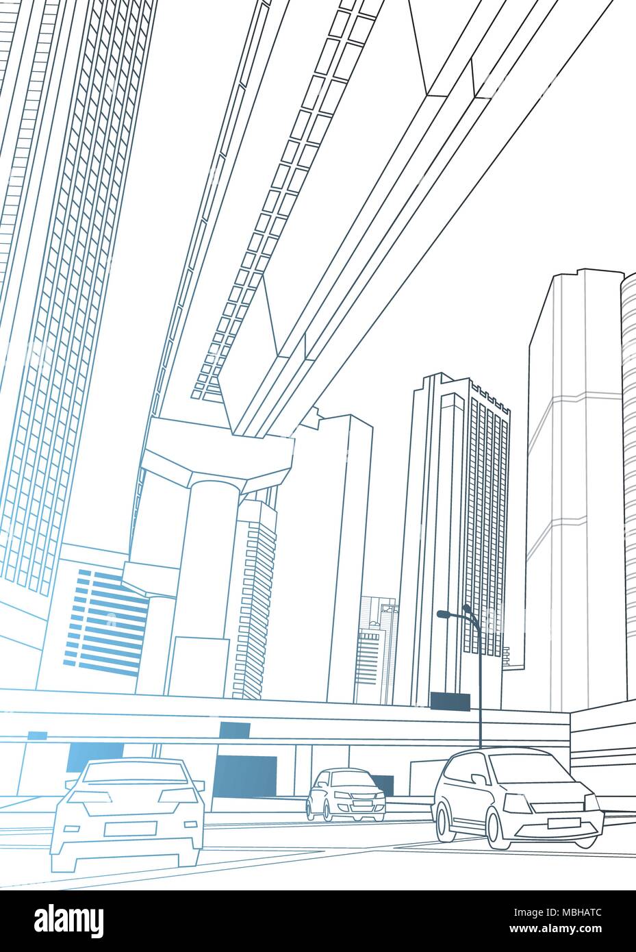 Modern City View With Skyscrapers And Cars On Road Thin Line Design ...