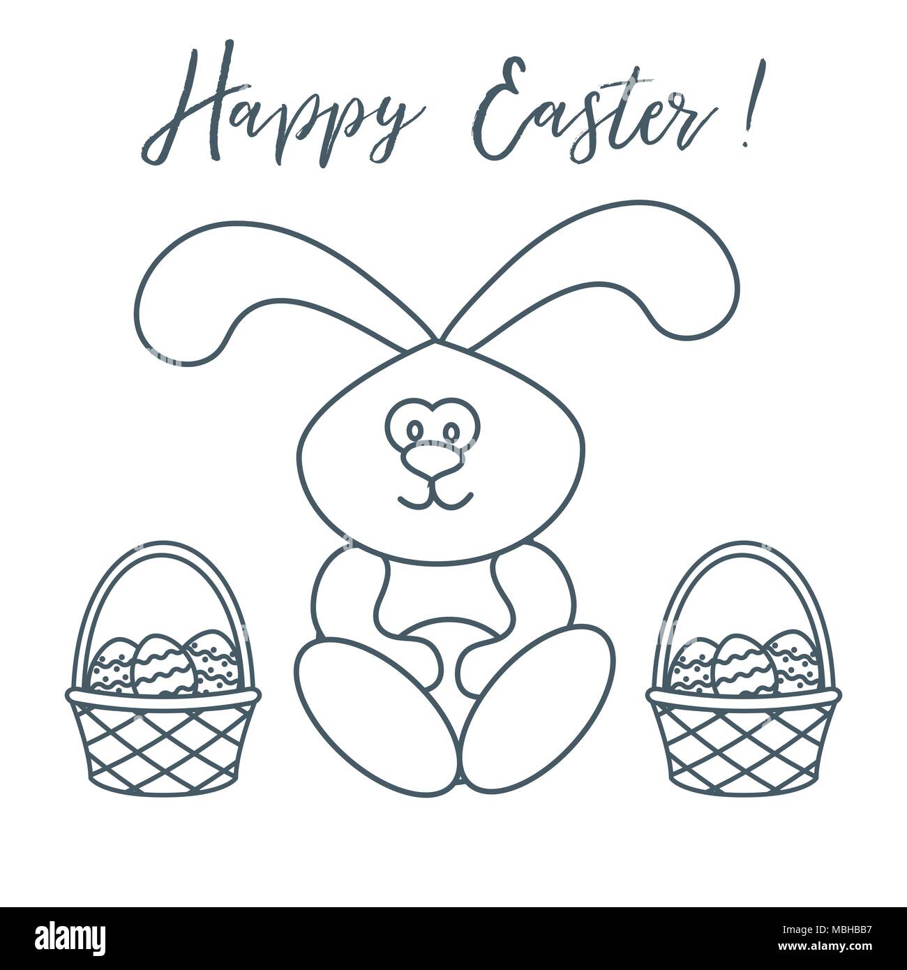 Easter symbols. Easter rabbit and two baskets of decorated eggs. Design