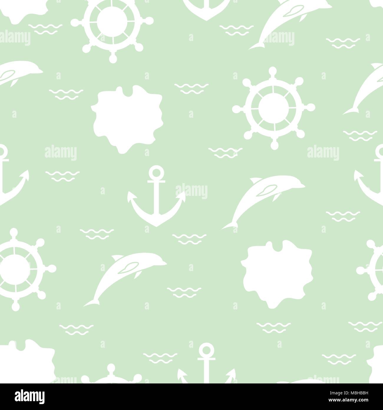 Seamless pattern with dolphins, anchors, steering wheels, waves, islands. Summer leisure. Stock Vector