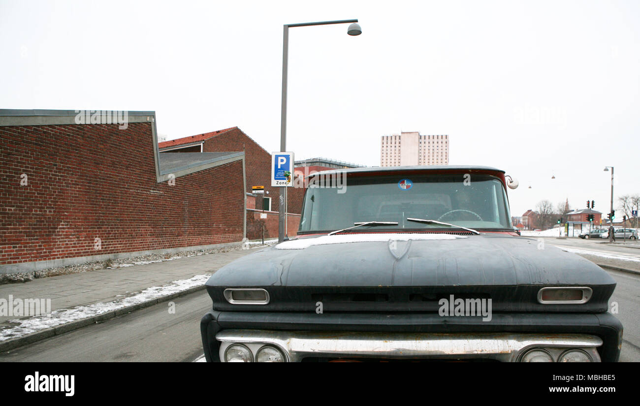 Big black old car in Islands Brygge, Copenhagen, Denmark Stock Photo