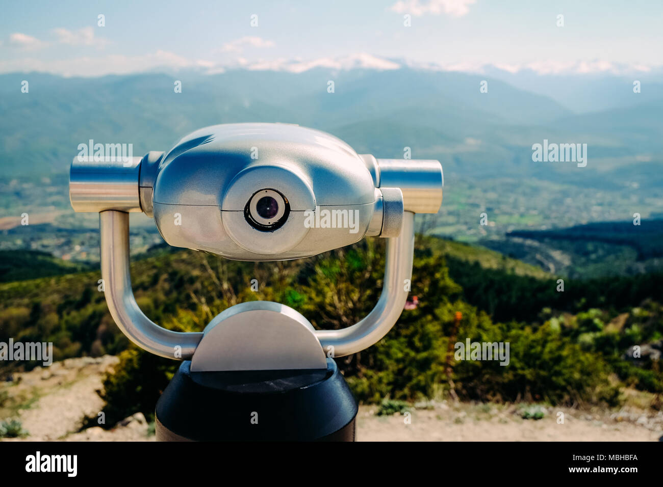 Binocular overlooking a mountains in Skopje, Macedonia from Vodno mountain. Stock Photo