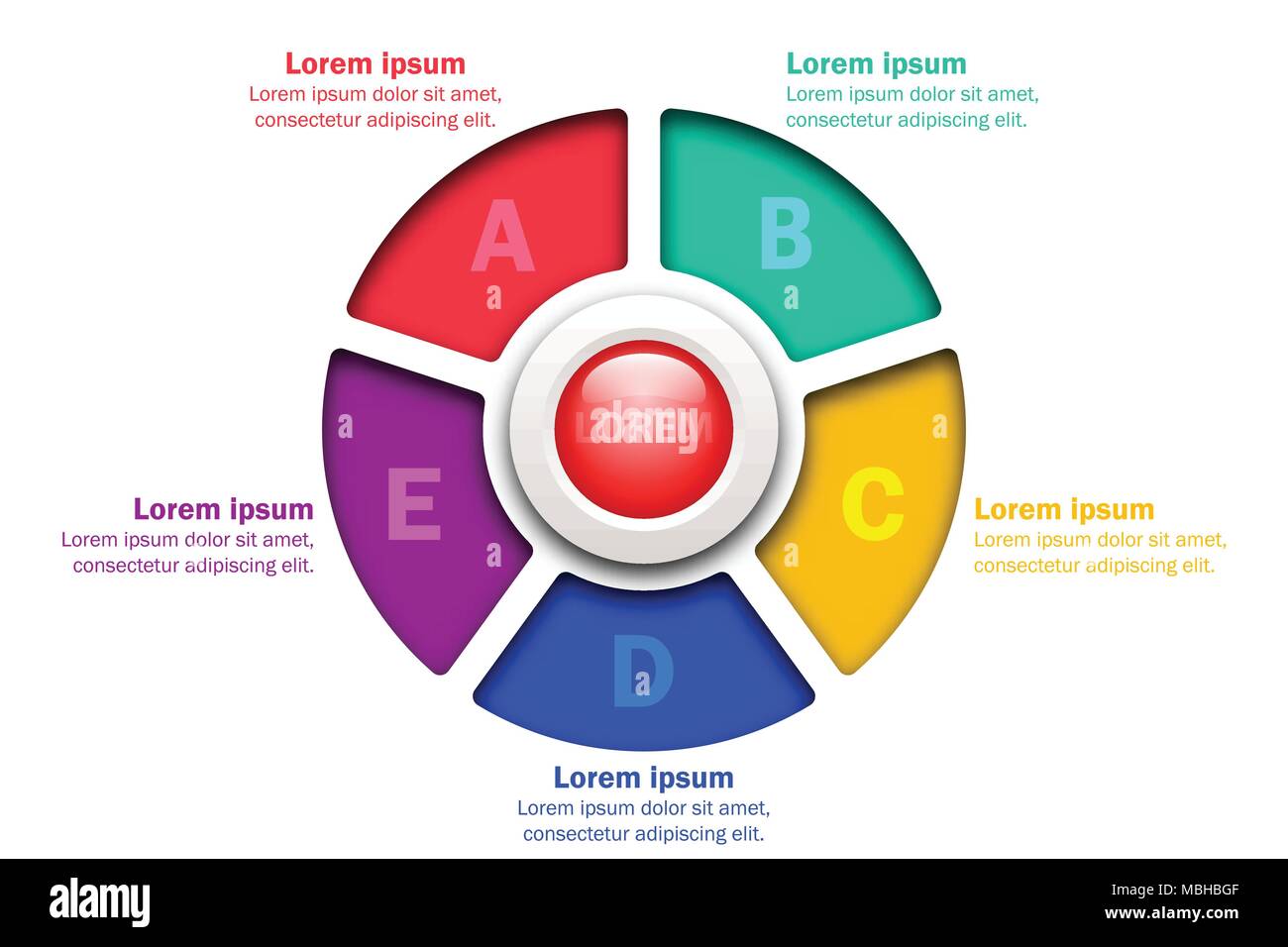 five topics colorful chart in paper cut style with marble circle in style of chart