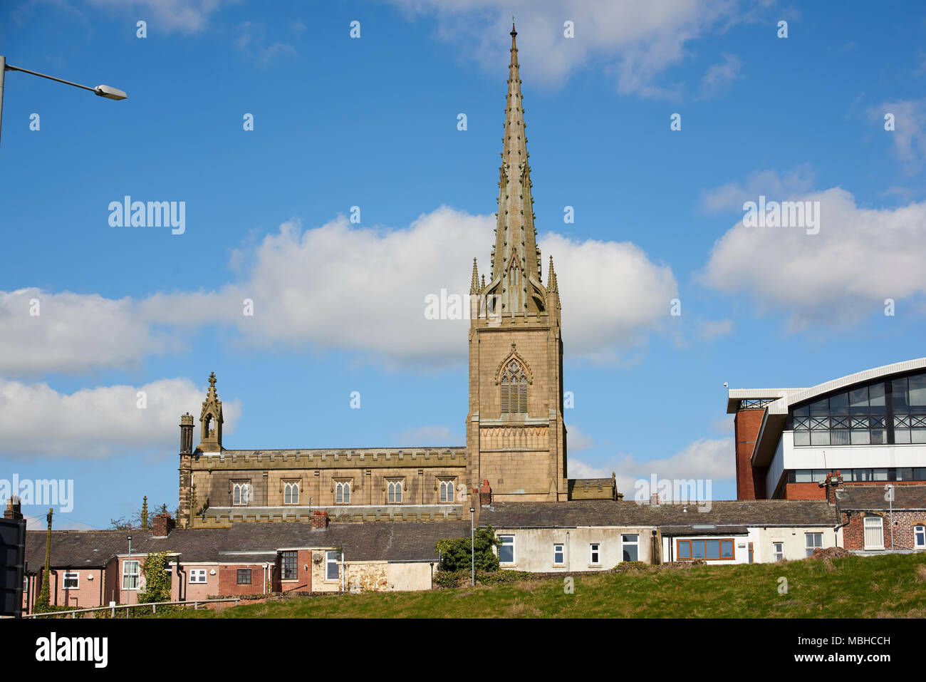Side shot of Christ Central Preston Church seen from Adelphi Quarter in Preston, UK. Stock Photo