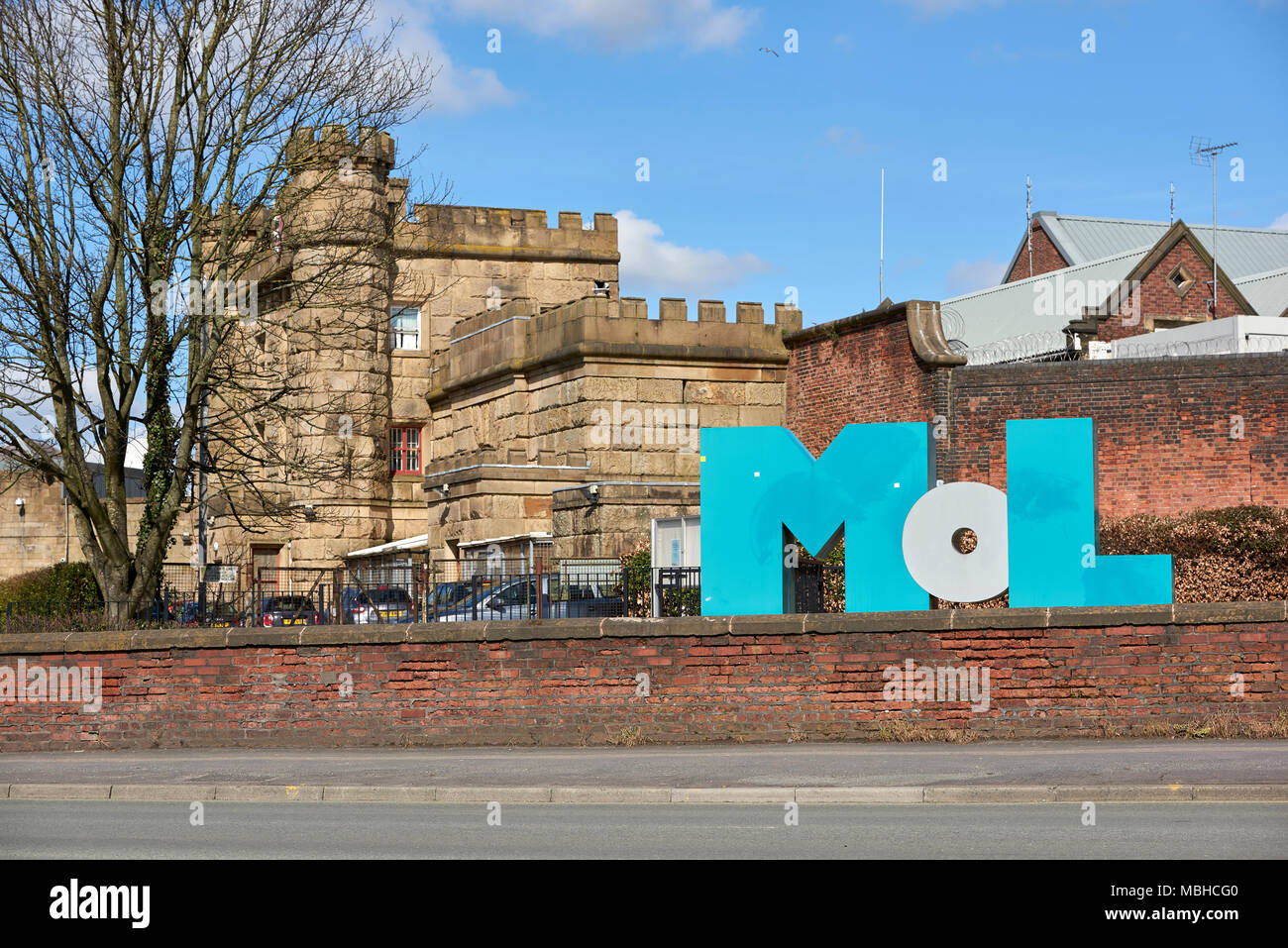 Museum of Lancashire logo with the courthouse in which it's hosted in the background. The museum has been closed since 2016. Stock Photo