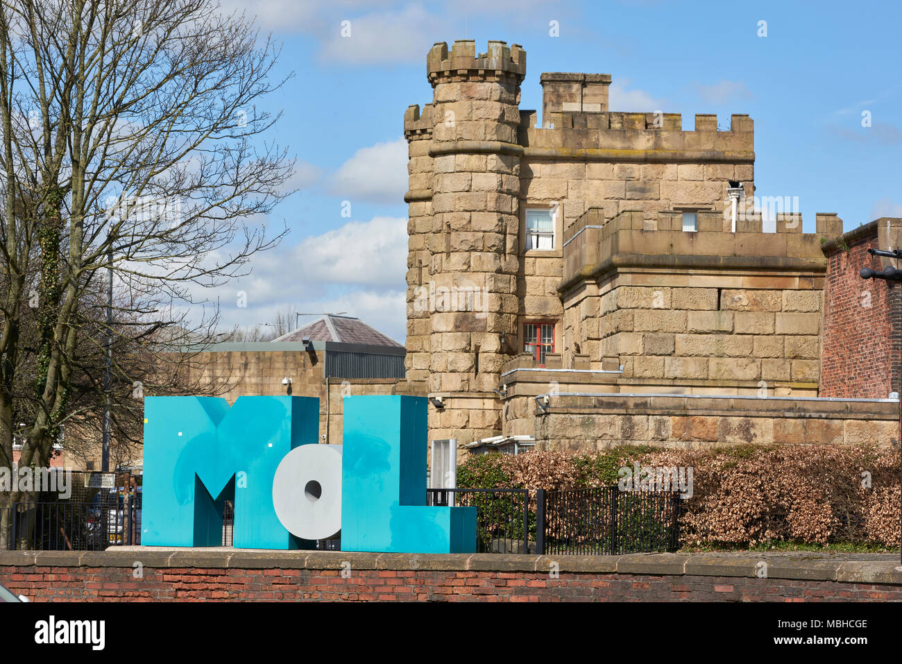 Museum of Lancashire logo with the courthouse in which it's hosted in the background. The museum has been closed since 2016. Stock Photo