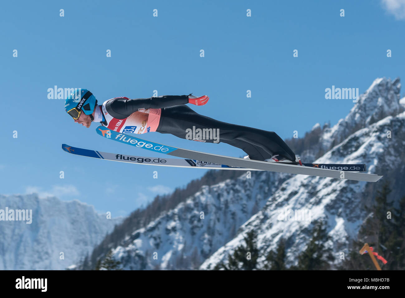 PLANICA, SLOVENIA - MARCH 24 2018 Fis World Cup Ski Jumping Final - KORNILOV Denis RUS Stock Photo