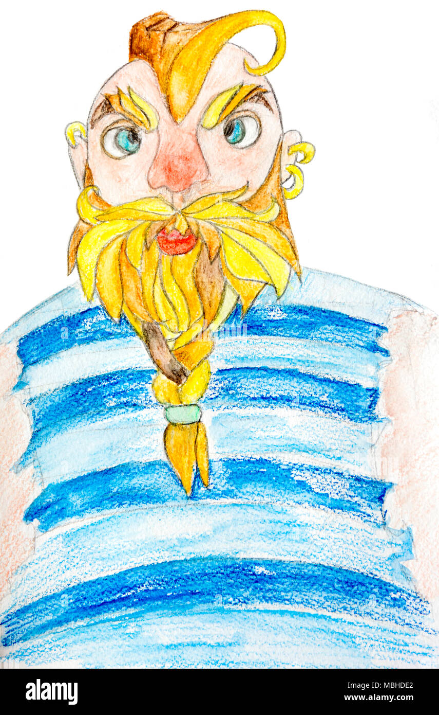 Watercolor sailor in the blue striped vest. Blond man with braided beard and red nose. Watercolor hand drawn illustration isolated on white background. Stock Photo