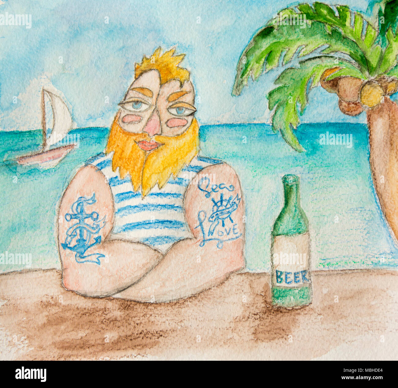 Good sailor in the blue striped vest with beer on sea background. Seamen with beard and blue tattoo in beach bar. Hand drawn illustration. Stock Photo