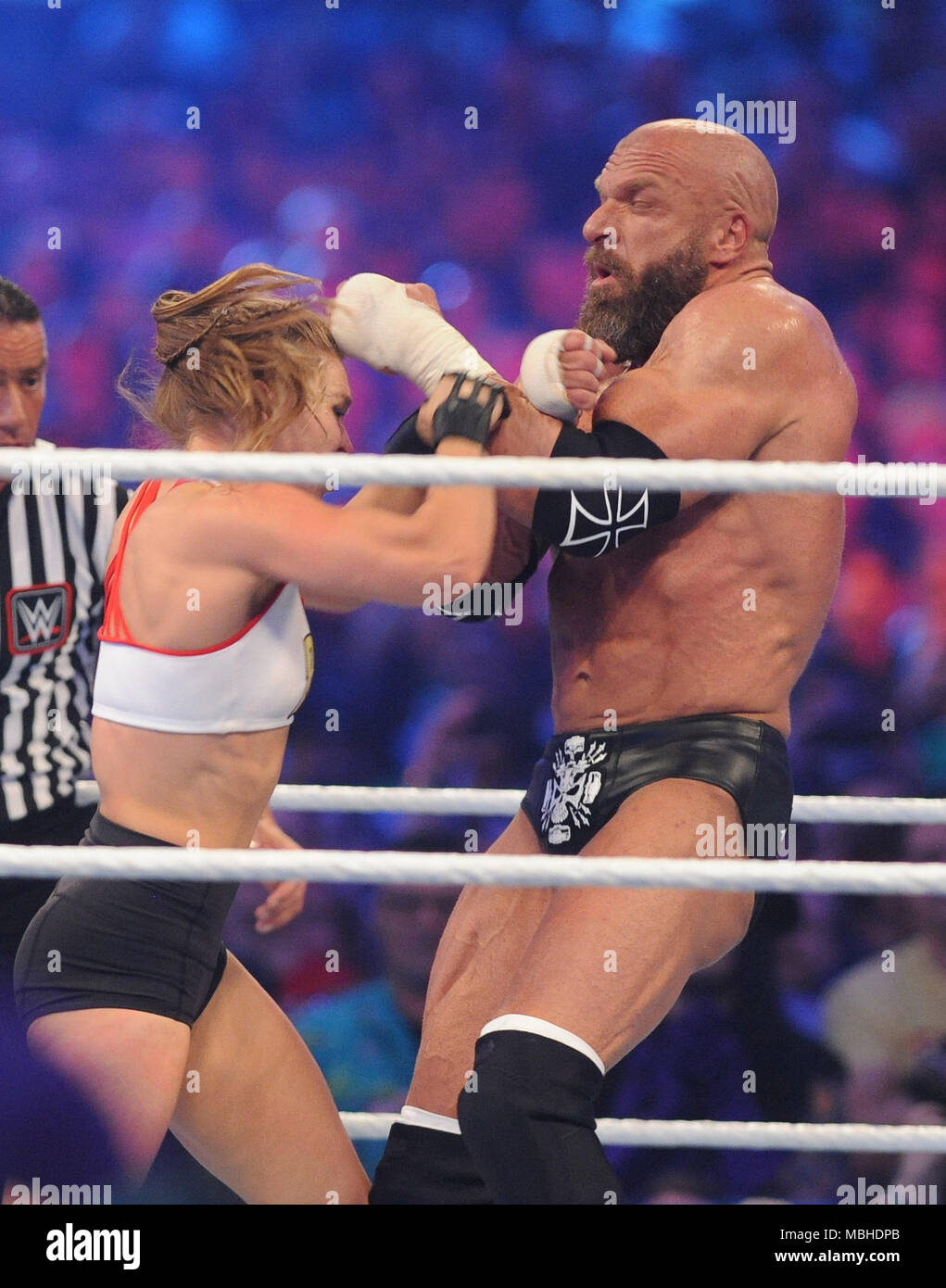 New Orleans, LA, USA. 8th Apr, 2018. Ronda Rousey and Triple H at WWE Wrestlemania 34 at the Mercedes-Benz Superdome in New Orleans, Louisiana on April 8, 2018. Credit: George Napolitano/Media Punch/Alamy Live News Stock Photo
