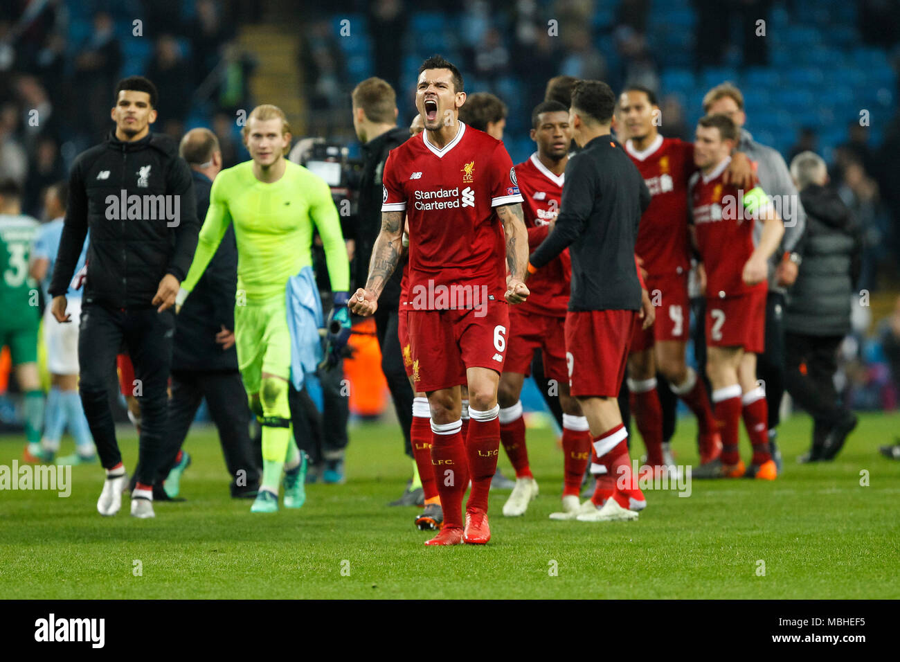 Dejan Lovren of Liverpool celebrates at full time of the UEFA Champions League Quarter Final second leg match between Manchester City and Liverpool at the Etihad Stadium on April 10th 2018 in Manchester, England. (Photo by Daniel Chesterton/phcimages.com) Stock Photo