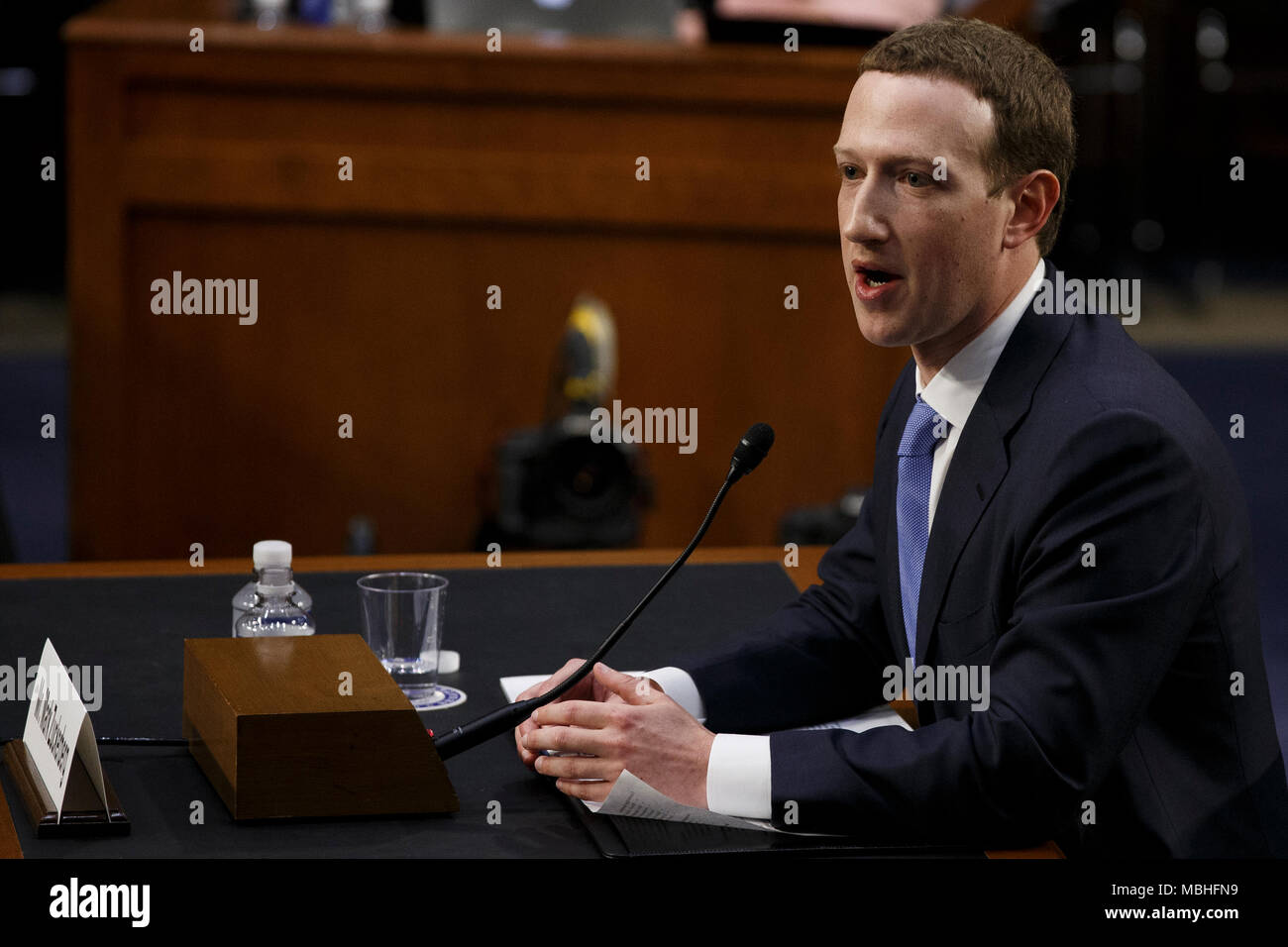 Washington, USA. 10th Apr, 2018. Facebook CEO Mark Zuckerberg testifies before the United States Senate on Capitol Hill in Washington, DC on April 10, 2018. Credit: The Photo Access/Alamy Live News Stock Photo