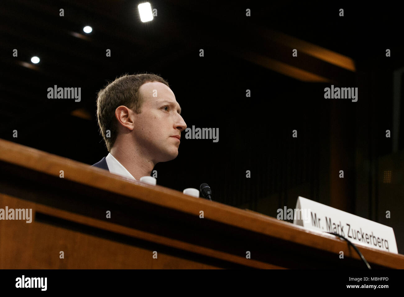 Washington, USA. 10th Apr, 2018. Facebook CEO Mark Zuckerberg testifies before the United States Senate on Capitol Hill in Washington, DC on April 10, 2018. Credit: The Photo Access/Alamy Live News Stock Photo